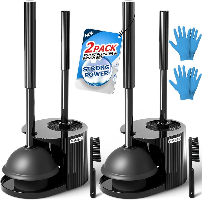FORASTO 2Pack 2 in 1 Toilet Brush and Plunger Set, Extended Handle Plunger,Toilet Bowl Brush Plunger Set,Clean Gloves,Cleaning Tools,Cleaning Brush,Cleaning Supplies,Toilet Brush Plunger Combo,Black - Image 1